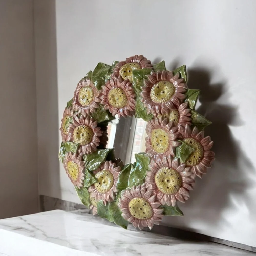 Floral Sunflower Wall Mirror - Pink and Green majolica ceramic artist mirror